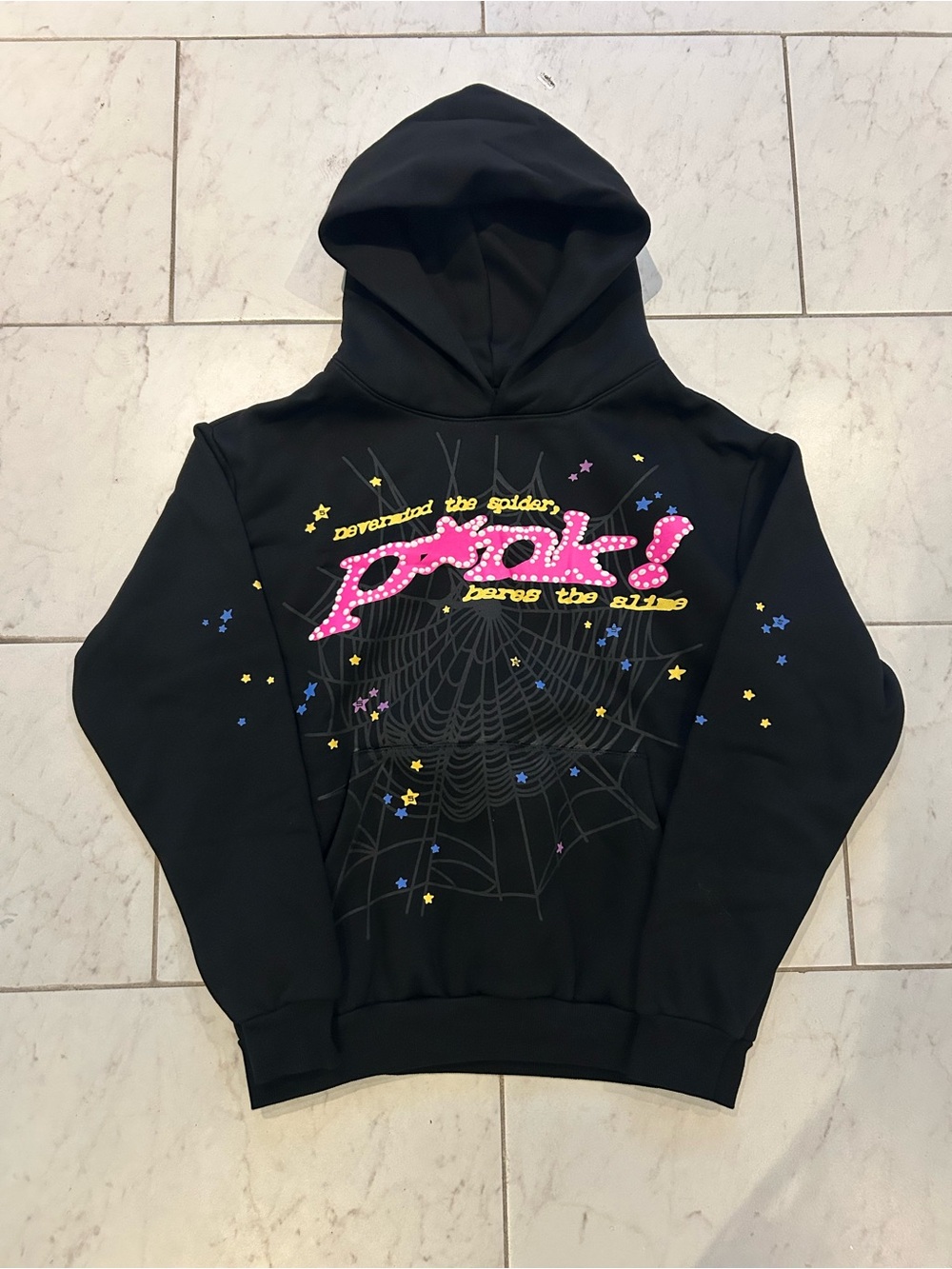 Black Graphic Hooded Sweatshirt with Pink 'Spook!' Print